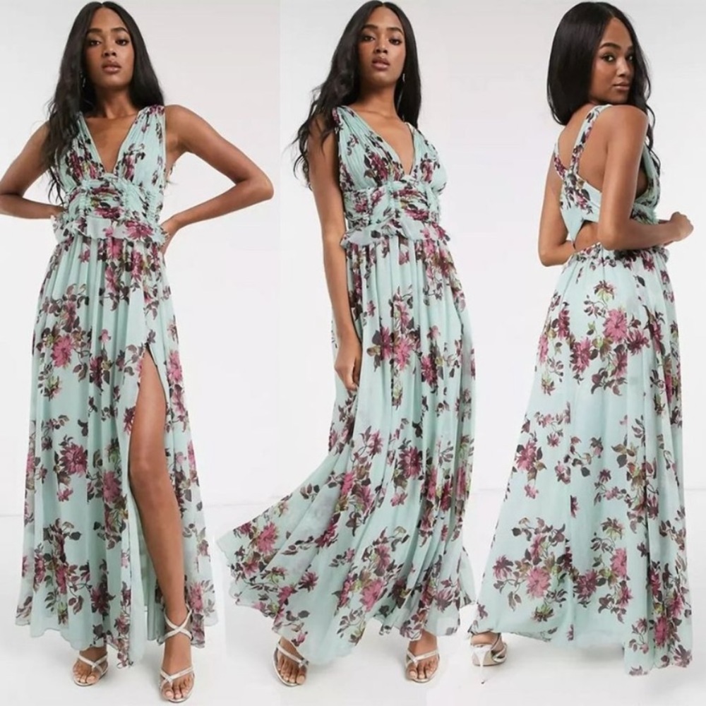 ASOS Pleat Bodice Maxi Dress with Raw Edge Detail In Floral Print Sz 12